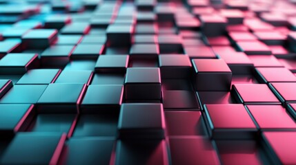 Poster - A close up of a colorful block pattern. The blocks are in various shades of blue, purple, and pink. The image has a vibrant and energetic feel, with the colors and shapes creating a sense of movement