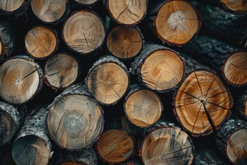 Wall Mural - A pile of wood logs with a brownish color. The logs are stacked in a way that they are not touching each other