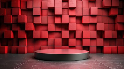 Poster - A red wall with a black pedestal in the middle. The wall is made of red blocks and the pedestal is made of metal