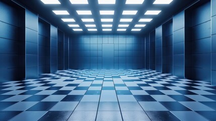 Poster - A large, empty room with blue walls and a checkered floor. The room is dimly lit, giving it a cold and sterile atmosphere
