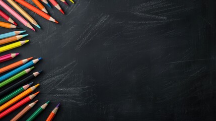 A black background with a row of colored pencils on it. The pencils are arranged in a way that they look like they are drawing a picture. Scene is creative and playful