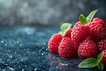 Wall Mural - Macro shot of fresh, dew-covered raspberries. Raspberry banner. Raspberry background.