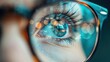 © svastix - A detailed close-up image of an eye wearing glasses reflecting colorful digital lights, suggesting a focus on technology and human interaction with the digital world.