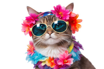  Amusing tabby cat with pink colorful flower crown and sunglasses on transparent background PNG cutout