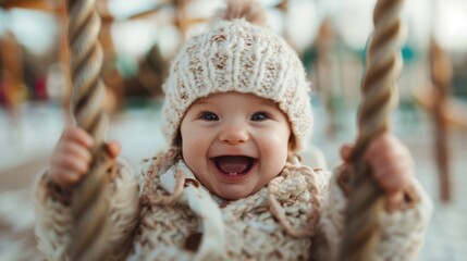 A happy baby wearing a pocketed coat and a hat grins widely while enjoying a swing ride outdoors. The soft background enhances the joyous and carefree atmosphere of the image.