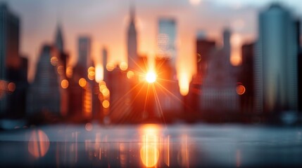 Wall Mural - A stunning view of the sun setting over a distant city skyline, with the buildings blurred in the foreground and the warm hues of the sunset casting a serene glow throughout the scene.