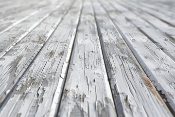 A white wooden floor with a lot of scratches and dents. The floor is very worn and has a lot of character