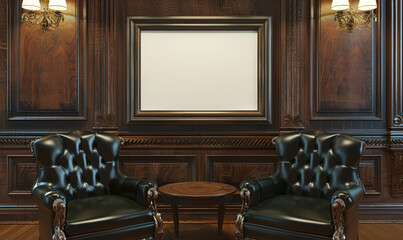 Luxurious leather chairs in a woodpaneled room with a blank fram