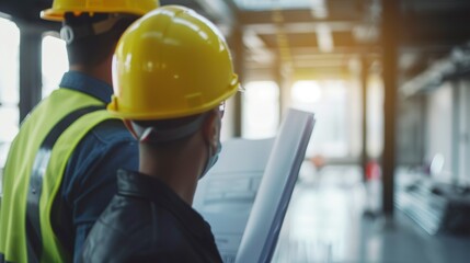 Poster - professional engineers discussing about blueprints and effectivity at construction site