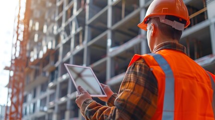 Poster - construction worker holding a tablet computer in front of a building under construction. suitable fo