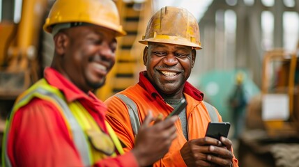 Poster - smiling construction workers checking their smartphone