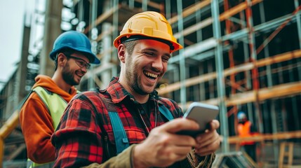 Poster - smiling construction workers checking their smartphone