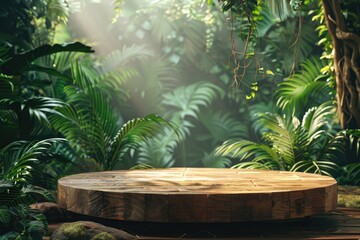 Canvas Print - a wooden table with a round top is surrounded by lush green foliage. the table is empty, but the jun
