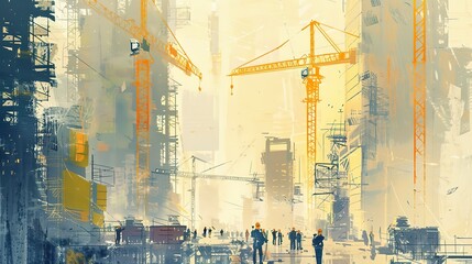 Poster - a construction site bustling with activity, cranes towering overhead, symbolizing progress and devel