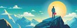 © auttawit - A man is standing on a mountain top with a red briefcase in his hand. The sky is blue and the sun is setting in the background. Concept of adventure and determination