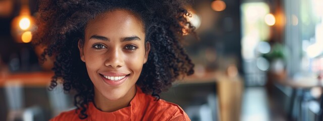 A woman with curly hair is smiling at the camera. She is wearing an orange shirt. The image has a warm and friendly mood