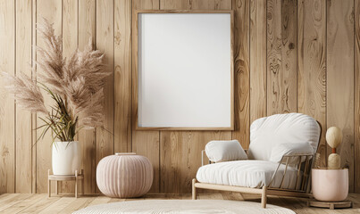 Cozy living room interior with a wooden wall armchair and dried