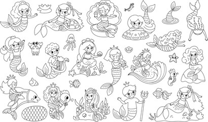 Wall Mural - Vector black and white mermaids set. Underwater kingdom collection with ocean princess, prince. Fairytale line characters for kids. Water adventures clipart, coloring page with sirens