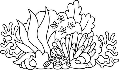 Wall Mural - Vector black and white magic seaweed forest landscape. Fairytale underwater world concept with seashells and corals. Fantasy marine nature line illustration or coloring page