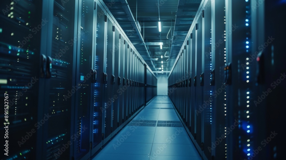 Rows of servers and digital storage devices in a modern archive ...