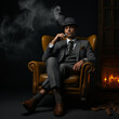 © Master of AI Arts - Portrait of a man in a black tuxedo, bow tie and hat sitting on a gray armchair with a white fur rug smoking a cigar, isolated over a dark background.