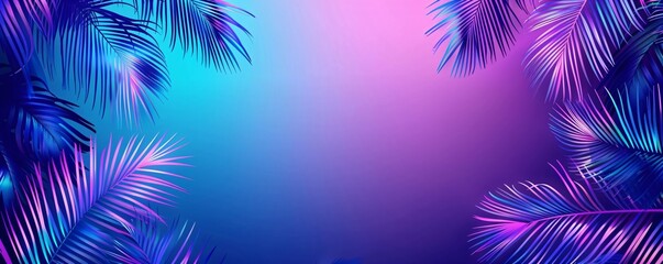 Wall Mural - Tropical and palm leaves in gradient holographic neon colors. Summer party, travel, holiday, vacation. Retro background with copy space for banner, poster, invitation