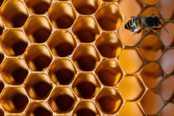 Wall Mural - A bee is on a honeycomb with the cells of the hive, AI