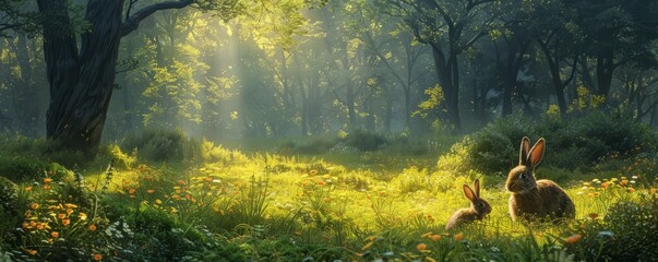 A peaceful meadow with a family of rabbits grazing.