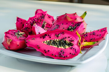 Wall Mural - On a white plate over a white base, pink pitahaya is cut in half and topped with dragón fruit