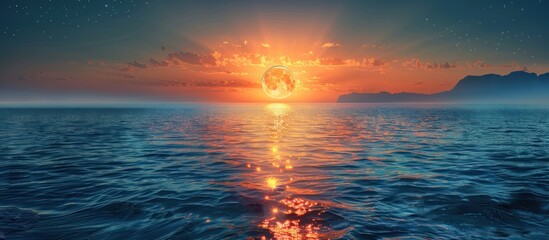 Wall Mural - Serene Sunset Over the Ocean with a Full Moon