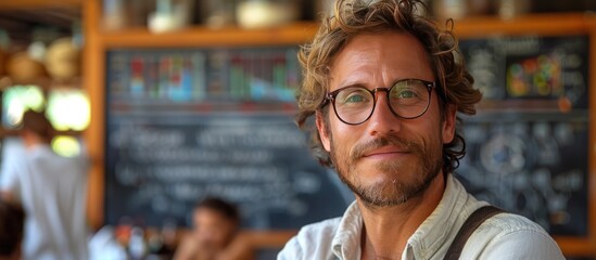 Poster - Smiling Man with Glasses in a Cafe Setting