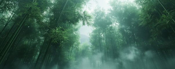 Wall Mural - A foggy morning in a serene bamboo forest.