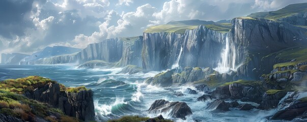 Wall Mural - A rugged coastline with waves crashing against towering cliffs.