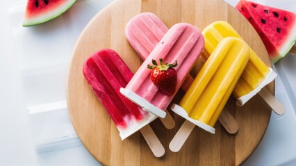 Sticker - A wooden plate with popsicles and a slice of watermelon, AI