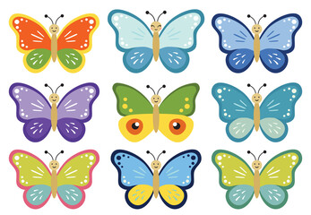 Cute butterfly kids cartoon character. Vector illustration isolated on white background. Color insect clipart. Baby shower design elements. Party invitation, birthday celebration. Spring, summer decor