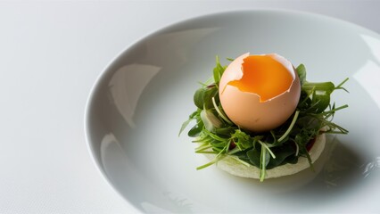 Sticker - A white plate with an egg on top of greens and a slice of bread, AI