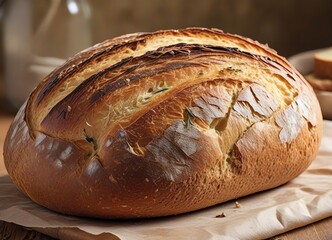 Wall Mural - n image of freshly baked rustic bread with a golden-brown crust