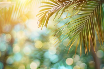 Wall Mural - Green palm leaf on tropical sand beach with blurred blue sea with bokeh sun light. Summer vacation and travel concept. Background for card, banner, poster with copy space