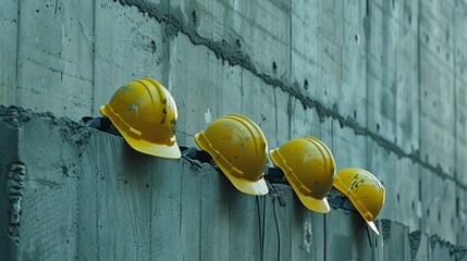 Poster - a row of hard hats sitting on top of a cement wall. suitable for construction and workplace safety t