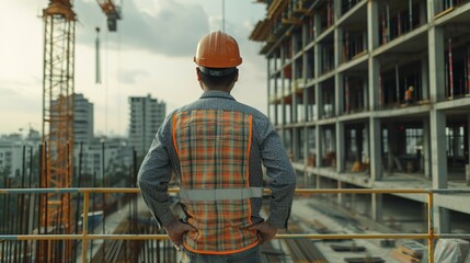 Poster - back view of construction engineer in standard safety looking at the building in the construction si