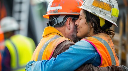 Poster - construction workers wearing hard hats and safety vests embracing each other at a construction site