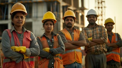 Canvas Print - Group of male and female construction workers show unity at the construction site 