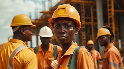 Canvas Print - Group of male and female construction workers show unity at the construction site