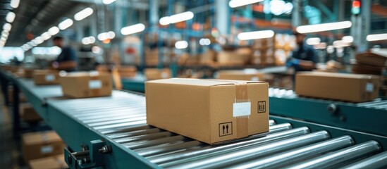 Conveyor Belt with Cardboard Boxes in a Warehouse