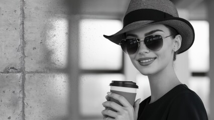 Canvas Print - A woman in a hat and sunglasses holding coffee, AI