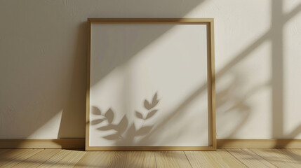 Wall Mural - Minimalist wooden frame mockup with plant shadows overlay on tex