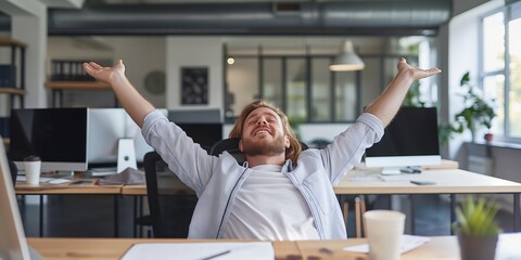 Wall Mural - A successful businessman stretching and celebrating in the office, looking happy and confident.