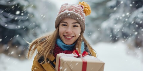 A preteen girl carrying a present, smiling cheerfully during a snowy Christmas celebration.