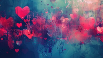 Poster - Abstract romantic background with glitch hearts. Digital love.