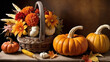 © SkyRoom Gallery - Basket of fall harvest arranged with flowers and pumpkins